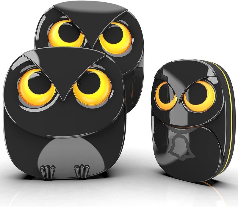 HTZSAFE Wireless Doorbell, Cute Owl Doorbell Weatherproof IP55 Outdoor Remote Push Button- 1000 feet Long Wireless Range- 35 Classic Melodies Optional,5 Volume Levels & LED Flash-2Receivers+1Transmitter,Black - Image 1